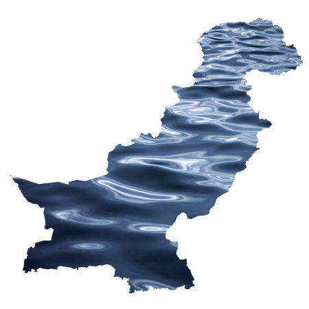 Map of Pakistan with a photo of water surface as a symbol of floods which are destroying the countryの写真素材