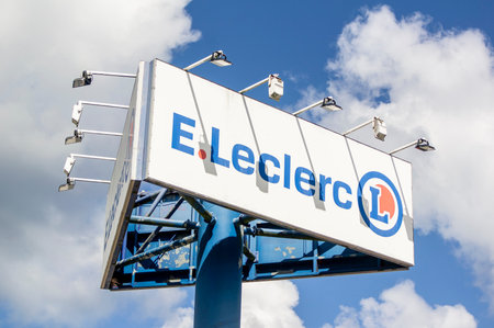 KOLOBRZEG, POLAND - AUGUST 6, 2022: E.Leclerc banner at shopping mall which sells electronics and other stuffのeditorial素材