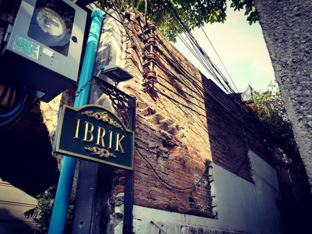 the entrance to the brick alleyの写真素材