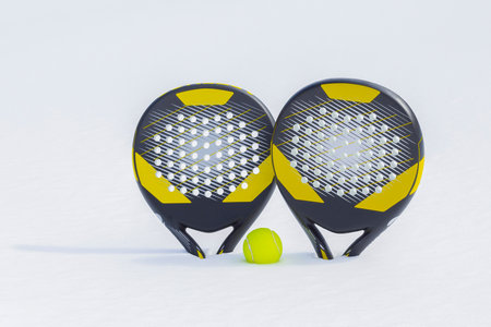 The ball and two beach tennis rackets are thrust in a snow snowdrift.の写真素材