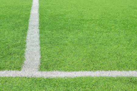 Marking white paint on a green grass of the football field.の写真素材