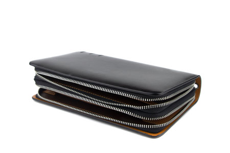 Black leather mens wallet. Isolated on white background.の写真素材