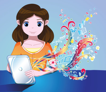 Young cute girl explore the world of tablet psのイラスト素材