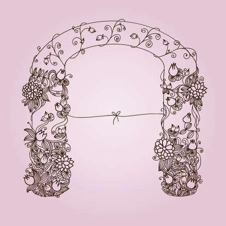 Hand drawn garden gate with welcoming ribbon, stylizedのイラスト素材