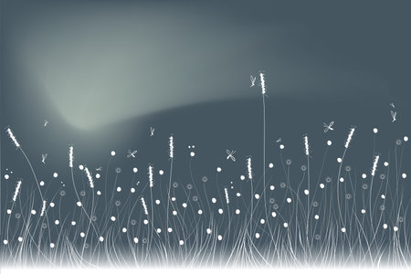 White silhouette plants and butterfly at nightのイラスト素材