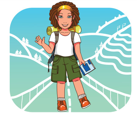 Cute cheerful tourist with dreads, rucksack  and guide book traveling around Asiaのイラスト素材