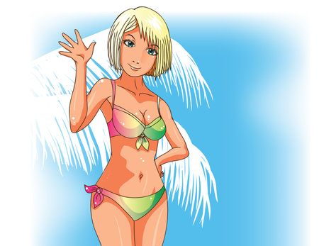 Young cute girl waving hand - kiwi and strawberryのイラスト素材