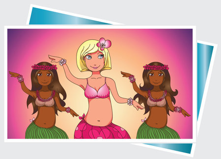 Attractive blonde girl dancing with hula-dancers at the beachのイラスト素材