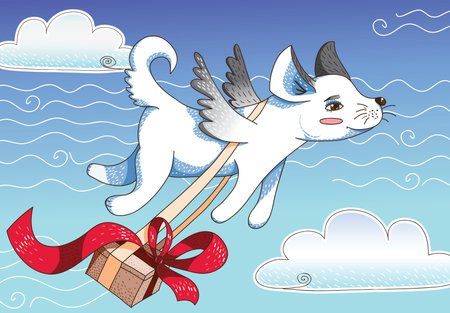 Magic flying dog with gift boxのイラスト素材