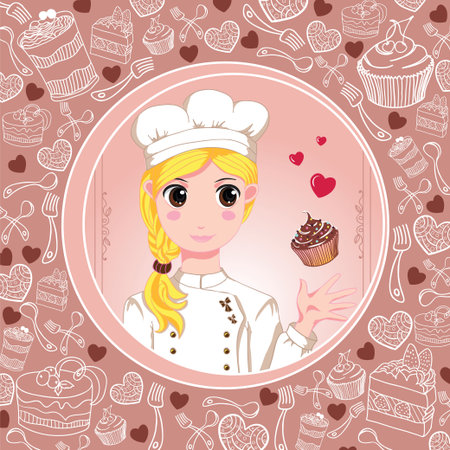 Patisserie chef with love and cupcakesのイラスト素材