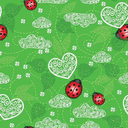 Background with hearts, ladybug  and leavesのイラスト素材