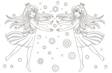 Coloring book page with 2 princessesのイラスト素材
