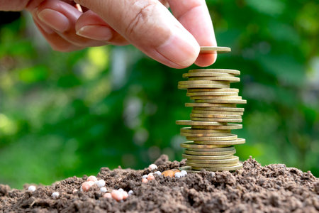 hand holding coins on soil saving grow concept.