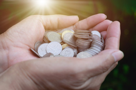 hand holding coins with tree under sunshine and gardening green background.