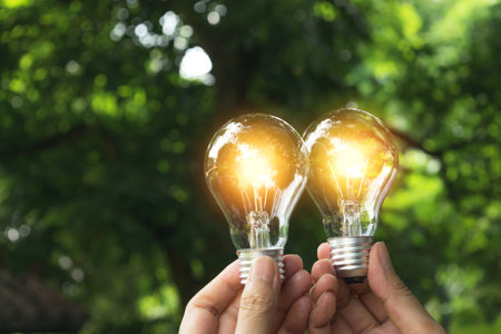 hand of person holding light bulb in nature background for solar,energy,idea concept.