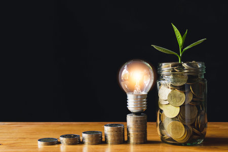 Coins and light bulb put on the table for saving money,energy concept in dark background.の写真素材