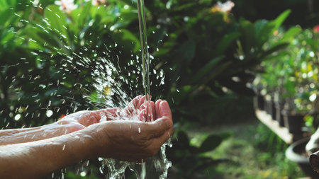 closeup water flow to hand of women for nature concept on the garden background.