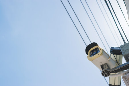 CCTV overhead for security on the road or in town and with under the blue sky background.