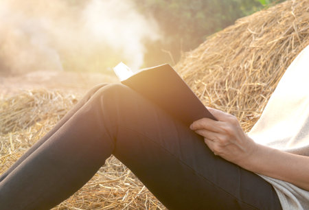 hand of person holding a book for read outdoor in nature background.の写真素材