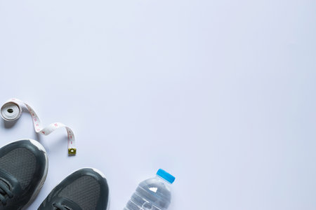 Top view flat lay healthy object with dumbbells, bottle water for sport or exercise concept.の写真素材