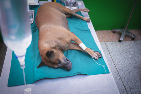 The dog anesthesia lying and drip on the bed, waiting for hysterotomy from a veterinarian.の写真素材