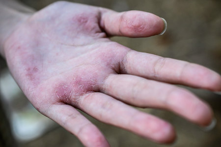Skin healthy care. Seborrheic Dermatitis on hand in young woman.の写真素材