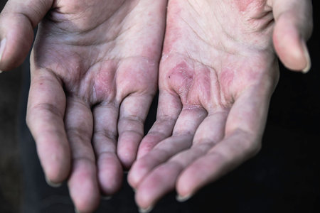 Skin healthy care. Seborrheic Dermatitis on hand in young woman.の写真素材