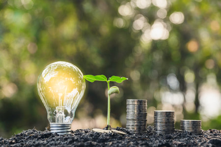 Light bulb with coins and young plant  for saving money,financial,business or energy concept put on the soil in soft green nature background.の写真素材