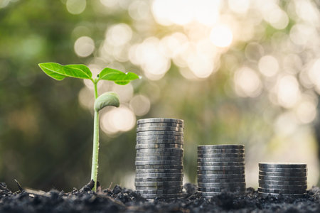Coins and small tree concept put on the soil under green nature background.