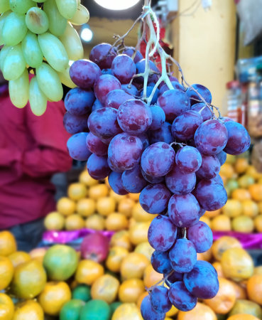 Hanging on juicy Vitis vinifera in fruit shop .