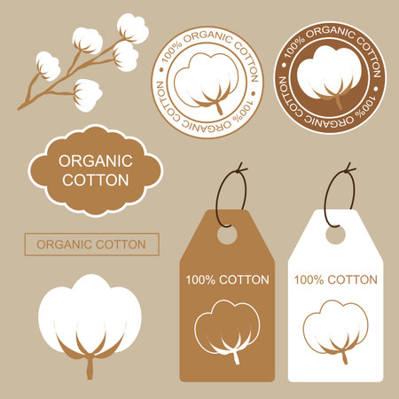 Set of organic labels, tags and stickers with cotton. 100 Organic cotton.のイラスト素材