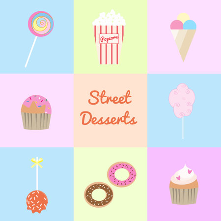 Street desserts set. Lollipop, popcorn, ice cream, muffin, cotton candy, caramel apple, donuts, cupcake.のイラスト素材