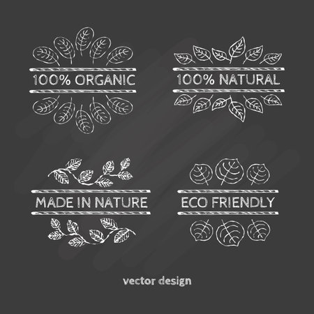 Typographic elements for organic and natural products on the blackboard. 100% Natural, 100% Organic, Made in nature, Eco friendly. Chalk. Can be used for labels, ads, signboards, banners, packaging.のイラスト素材