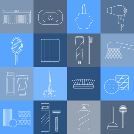 Beauty care, spa and hygiene products set. 16 outline icons. Hygiene and healthcare concept. Vector. Items for body care and hygiene.のイラスト素材