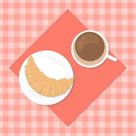 Italian breakfast. Coffee with croissant on tablecloth. Flat style food elements. Breakfast concept.のイラスト素材