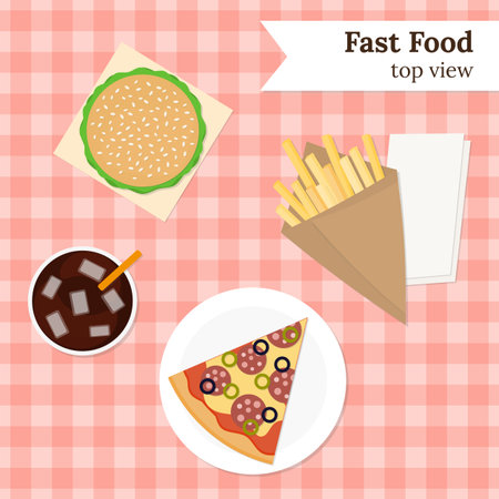 Junk food set. Top view. Cola, french fries, burger, slice of pizza. Flat style elements on tablecloth.のイラスト素材
