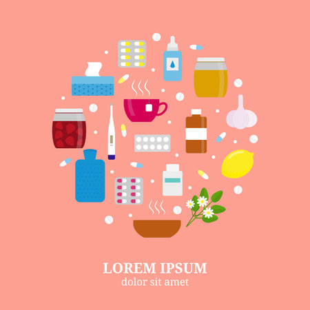 Colorful flat icons for flu and cold treatment composed in circle shape. Medical items for health treatment and care in flu season. Health treatment concept.のイラスト素材