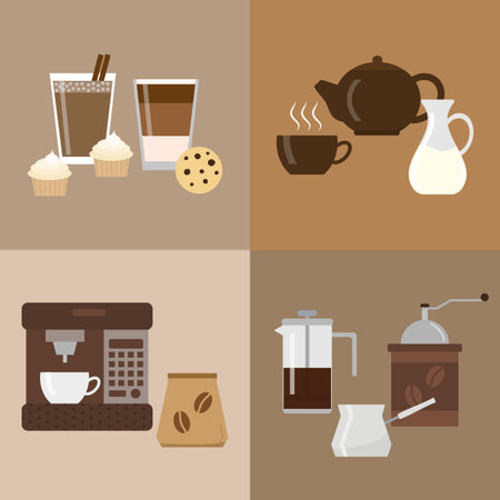 Different flat coffee icons. Colorful icons for coffee shop and cafe. Coffee with cupcakes and cookie. Coffee pot, cup and milk. Coffee machine and coffee in pack. Coffee cezve, grinder and coffee maker.のイラスト素材