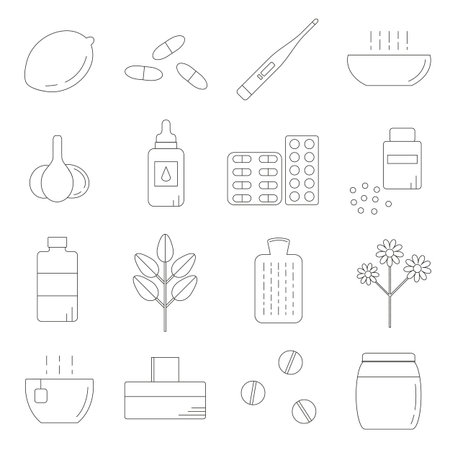 Set of linear icons for flu and cold treatment. Home remedies for health treatment. Lemon, honey, pills, herbs, supplements, thermometer, hot water bottle, garlic. Medical and aurvedic items.のイラスト素材