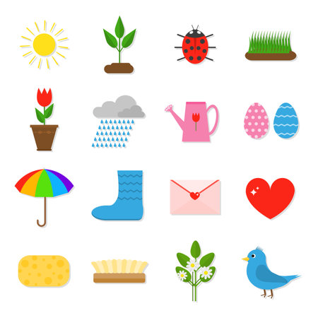Set of 16 colorful flat spring icons. Sun, plant sprout, ladybug, grass, tulip in pot, clouds and rain, watering can, colored eggs, umbrella, rain boots, love letter, heart, sponge, flowers, bird.のイラスト素材
