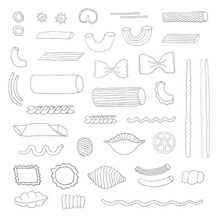Different kinds of Italian pasta. Hand drawn outlined pasta. Farfalle, fusilli, cannelloni, penne rigate, ragatoni, ravioli, linguine, macheroni. Doodle pasta isolated on white background.のイラスト素材
