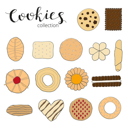 Cookies collection. Different hand drawn cookies isolated on white background. Top view. Hand drawn colorful cookies. Hand written lettering cookies.のイラスト素材