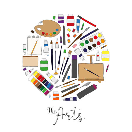 Hand drawn painting tools composed in circle shape. Palette, paint brushes, easel, sketchbook paper, moist colors, artist paints, palette knifes, paint tubes, pencils, markers. Doodle artist items.のイラスト素材
