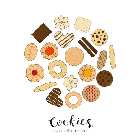 Cookies collection. Different hand drawn cookies composed in circle shape. Top view. Hand drawn colorful cookies in circle. Hand written lettering cookies.のイラスト素材