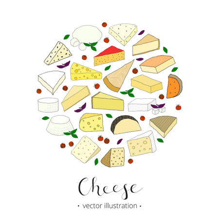 Hand drawn cheese composed in circle shape. Gorgonzola, grana padano, comte, robiola, emmental, munster, mozzarella, edam, feta, parmesan. Popular kinds of cheese in circle. Various hand drawn cheese.のイラスト素材