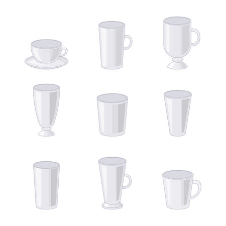 Different transparent glasses isolated on white background. Glass cups and goblets in cartoon style illustration.のイラスト素材