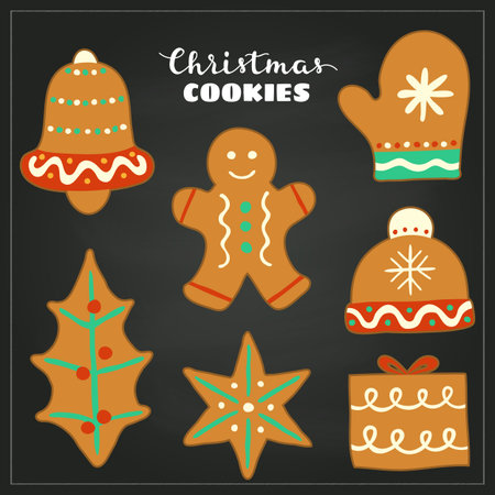 Doodle Christmas gingerbread cookies with icing isolated on the blackboard.のイラスト素材