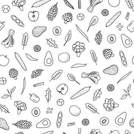 Black and white seamless pattern with hand drawn outline vegetables and fruits.のイラスト素材