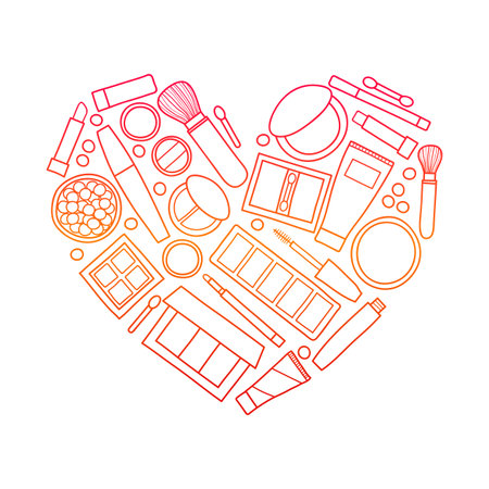 Hand drawn outline beauty makeup products including powder, concealer, blushes, mascara, lipstick, foundation, eye shadows, brushes composed in heart shape.のイラスト素材