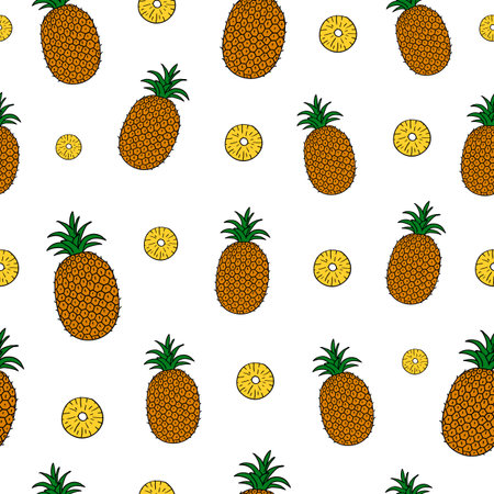 White seamless pattern with hand drawn pineapples.
